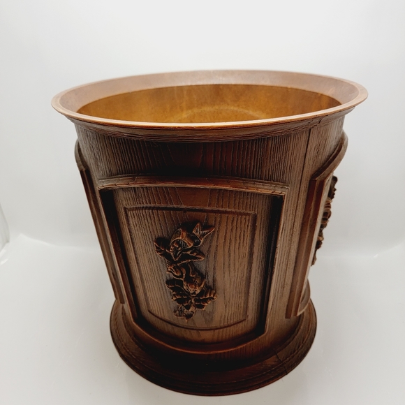 Vtg Max Klein Faux Wood Rose Plastic TrashCan Waste Basket Planter Pot Brown MCM - Picture 1 of 10